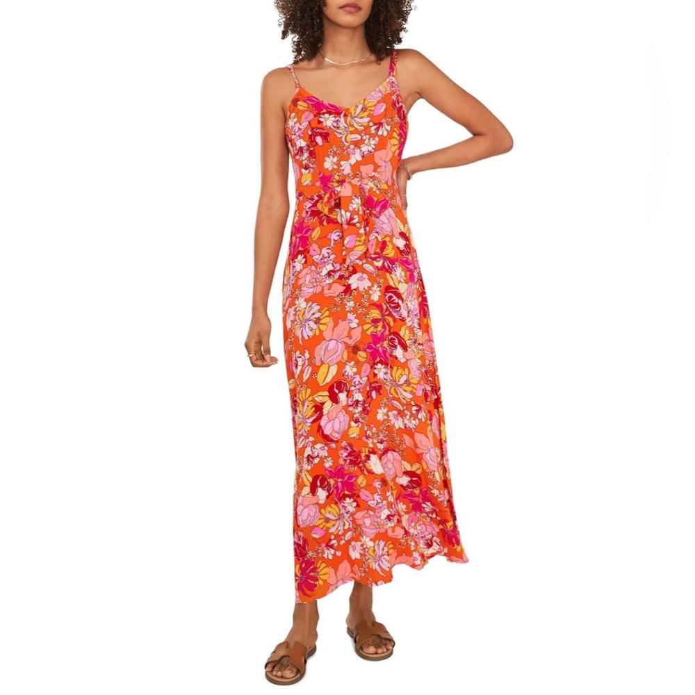 Vince Camuto Summer Heat Sunset Orange Floral Sleeveless V-Neck Dress